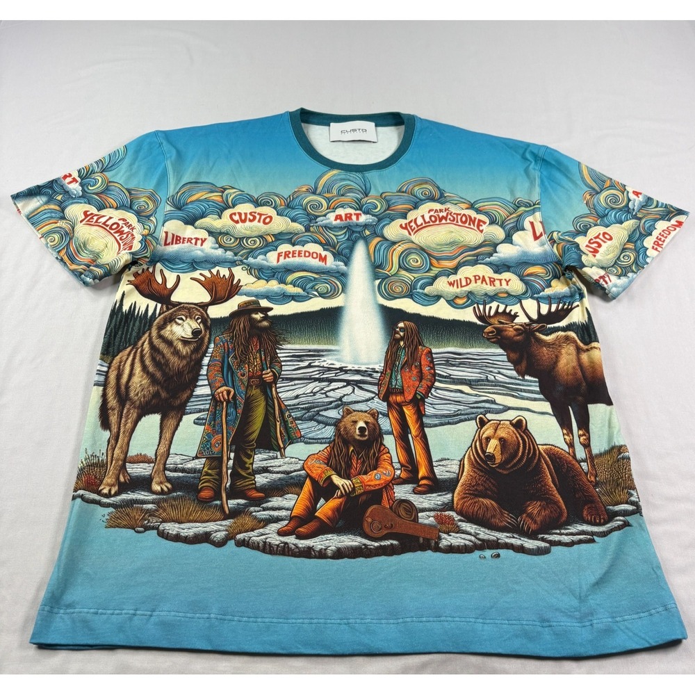 Custo Barcelona Shirt Mens Large Blue Graphic Yellowstone Wolf Bear Aztec Tee